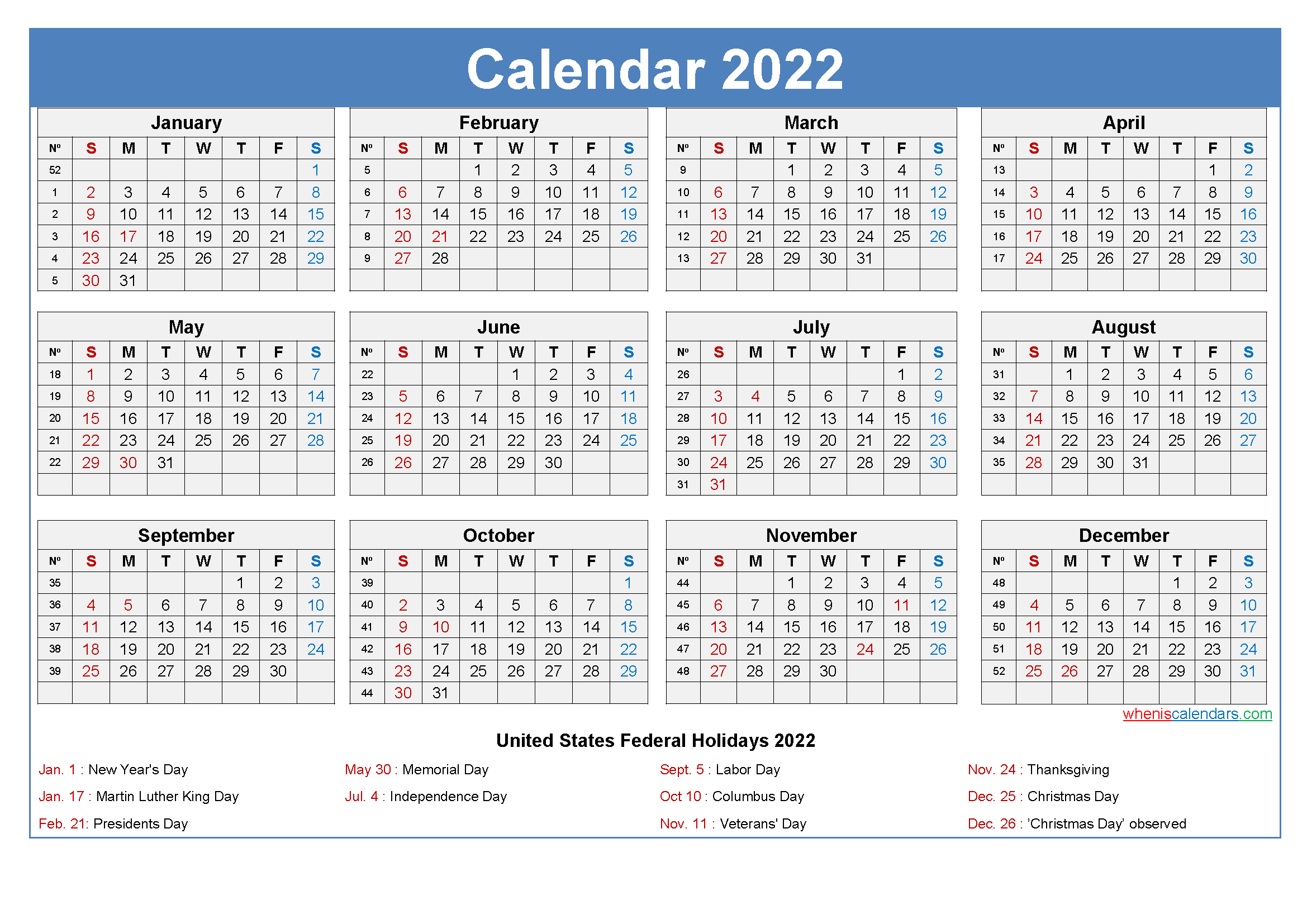 Large Desk Calendar 2022 With Holidays