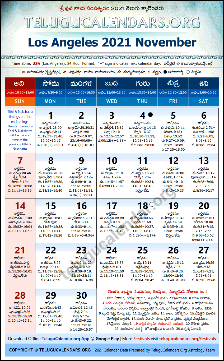 Los Angeles | Telugu Calendars 2021 November