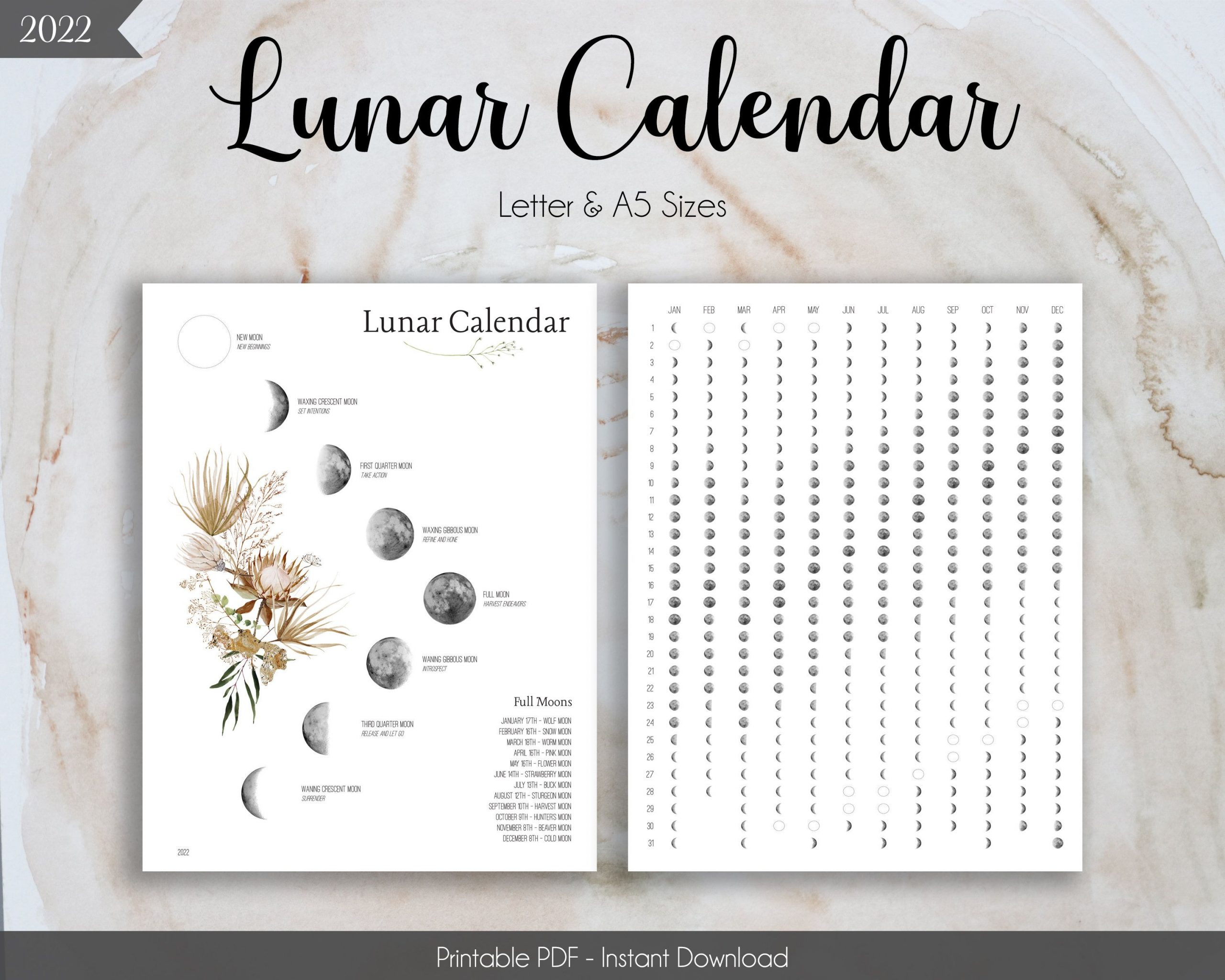 Lunar Calendar For 2022 Life Planner Pdf Boho | Etsy