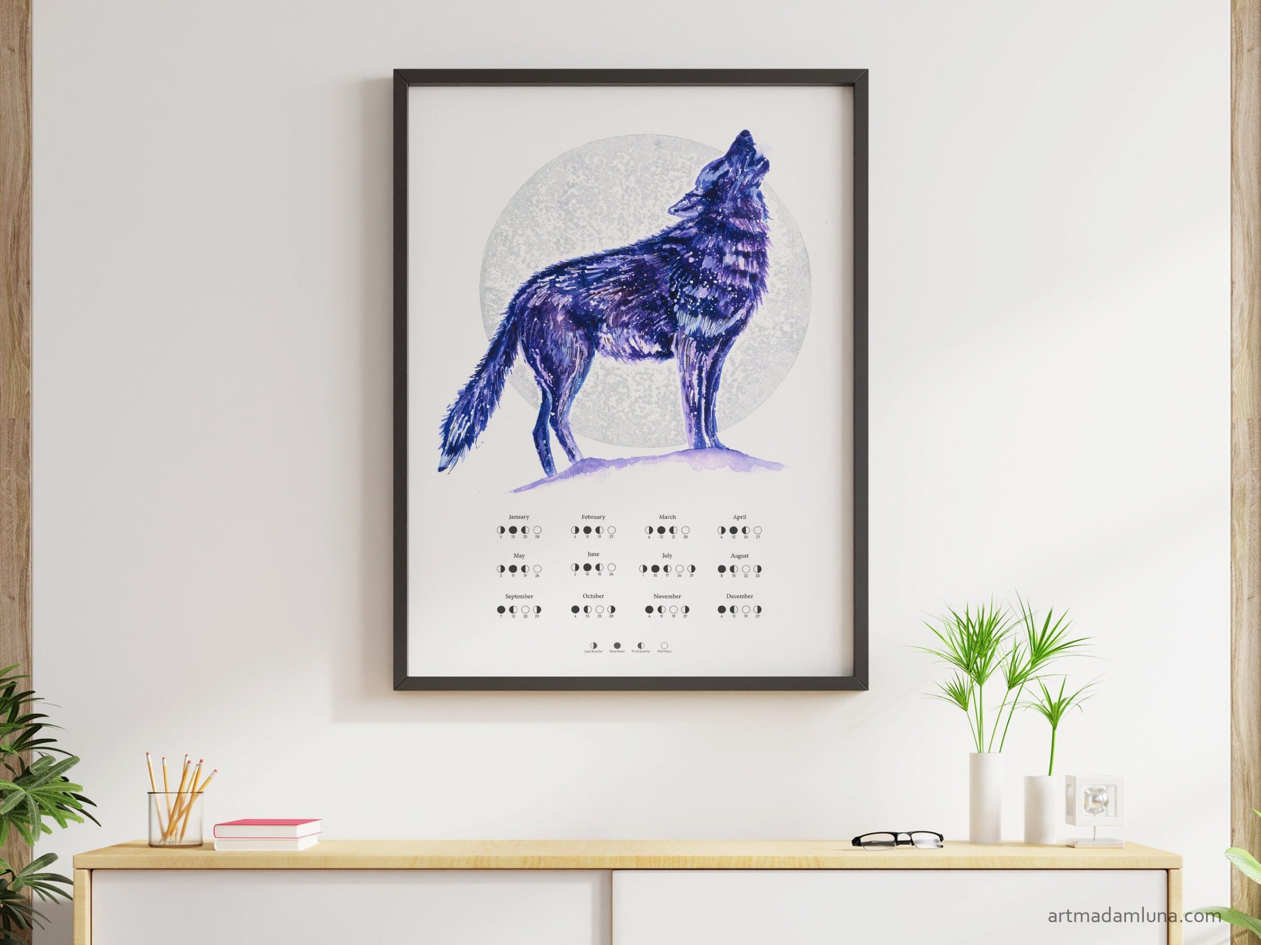 Lunar Calendar Howling Wolf Totem Animal Boho Wall Art