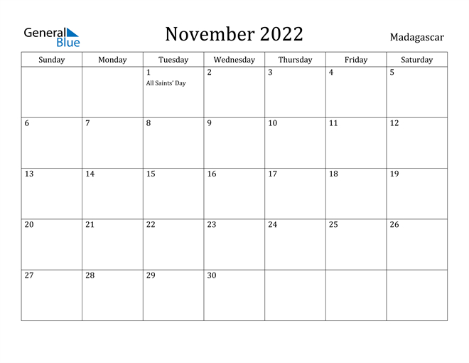 Madagascar November 2022 Calendar With Holidays