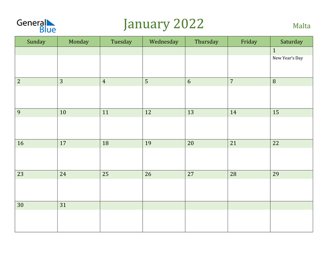 Malta January 2022 Calendar With Holidays