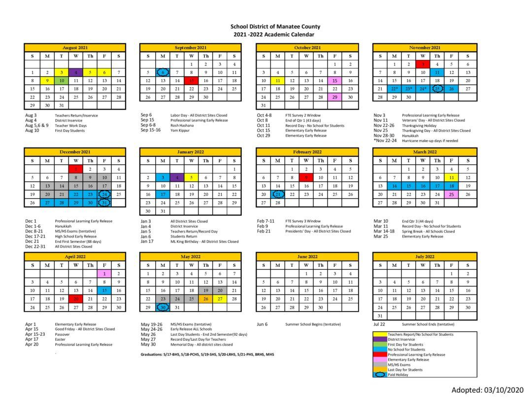 Manatee County School District Calendar 2021-2022