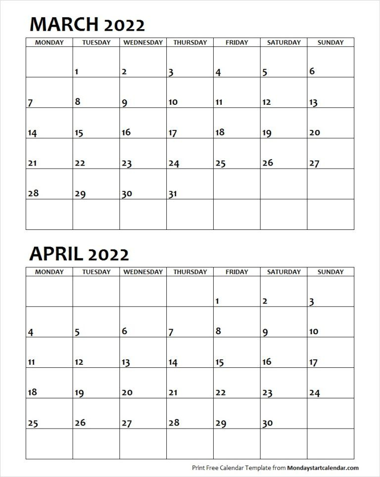 Mar Apr 2022 Calendar Monday Start | Editable Two Months