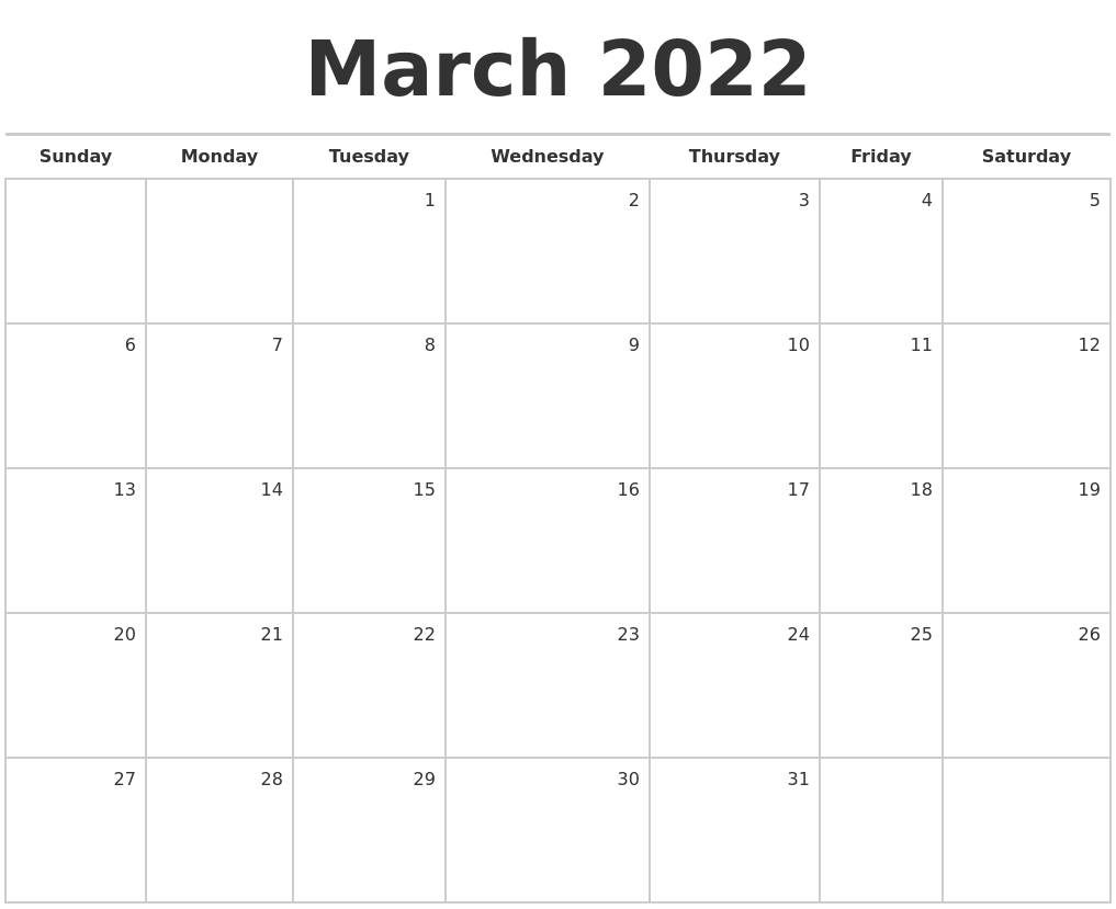 March 2022 Blank Monthly Calendar