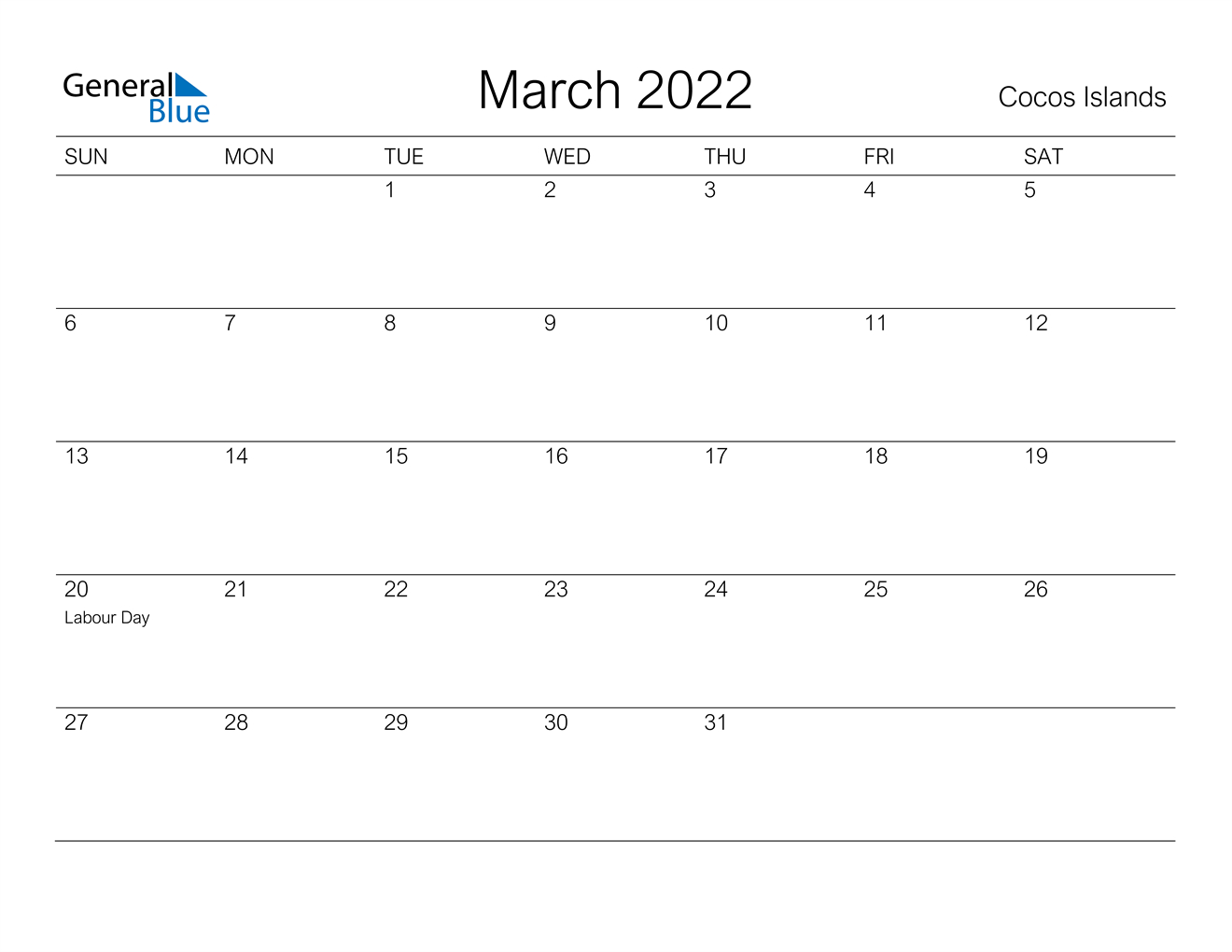 March 2022 Calendar - Cocos Islands