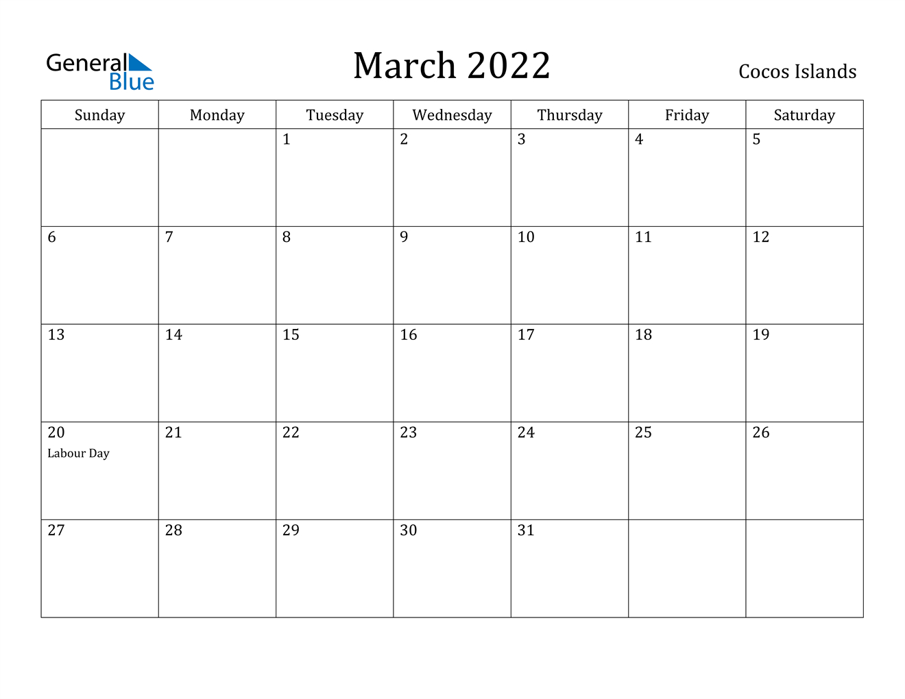 March 2022 Calendar - Cocos Islands