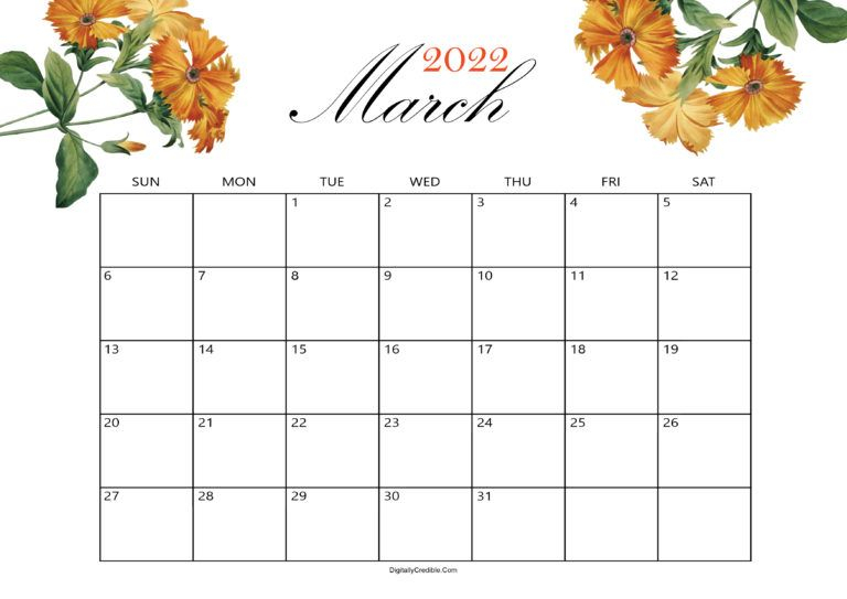 March 2022 Calendar Cute &amp; Floral Templates