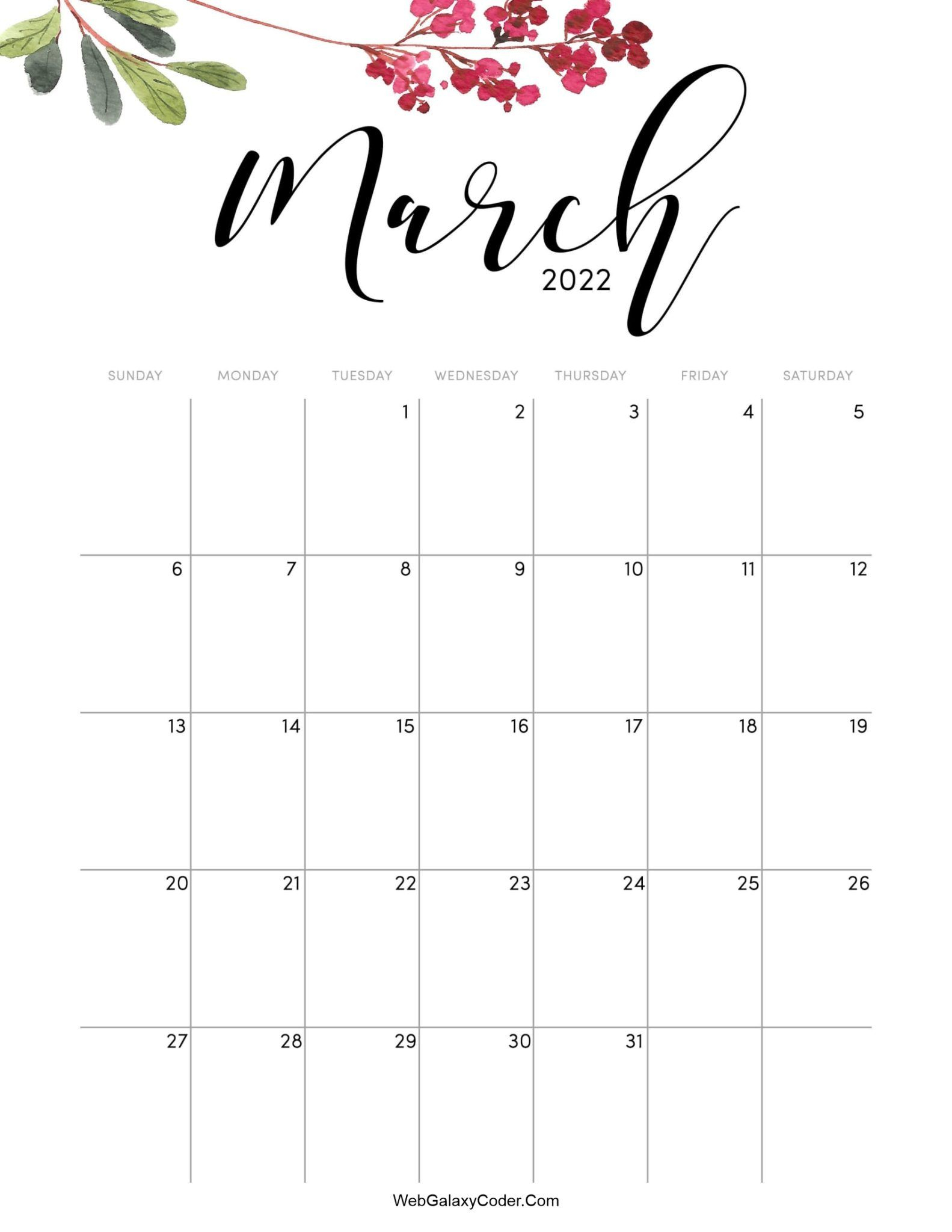 March 2022 Calendar - Cute Format - Print Now