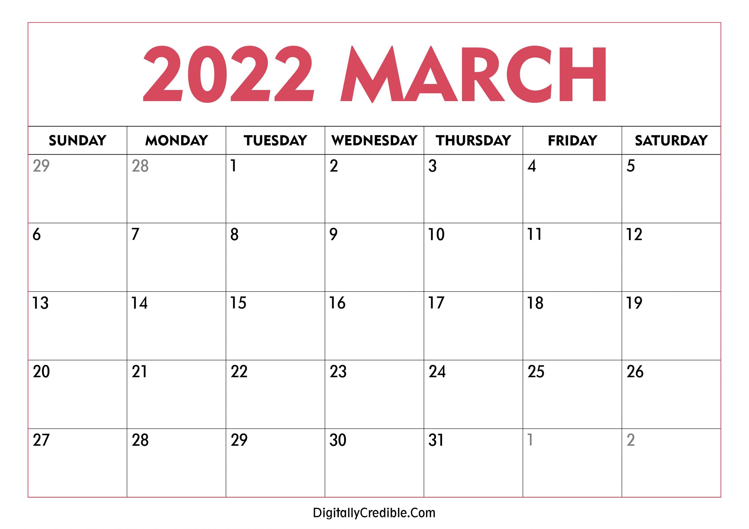 March 2022 Calendar Printable - Desk &amp; Wall