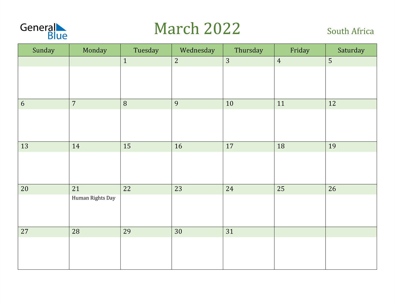 March 2022 Calendar - South Africa