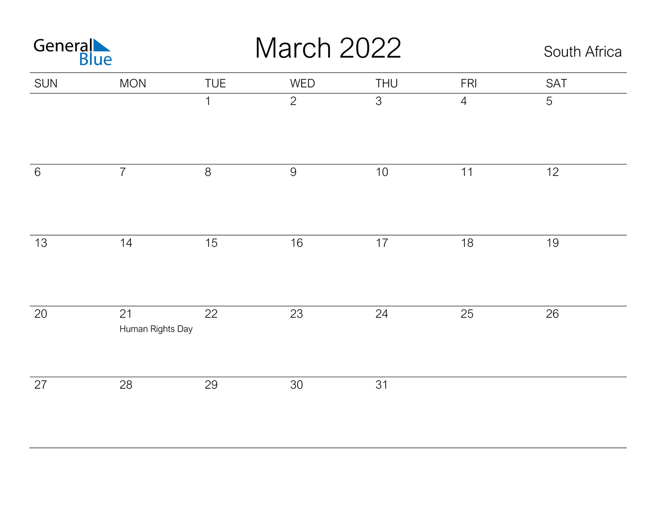 March 2022 Calendar - South Africa