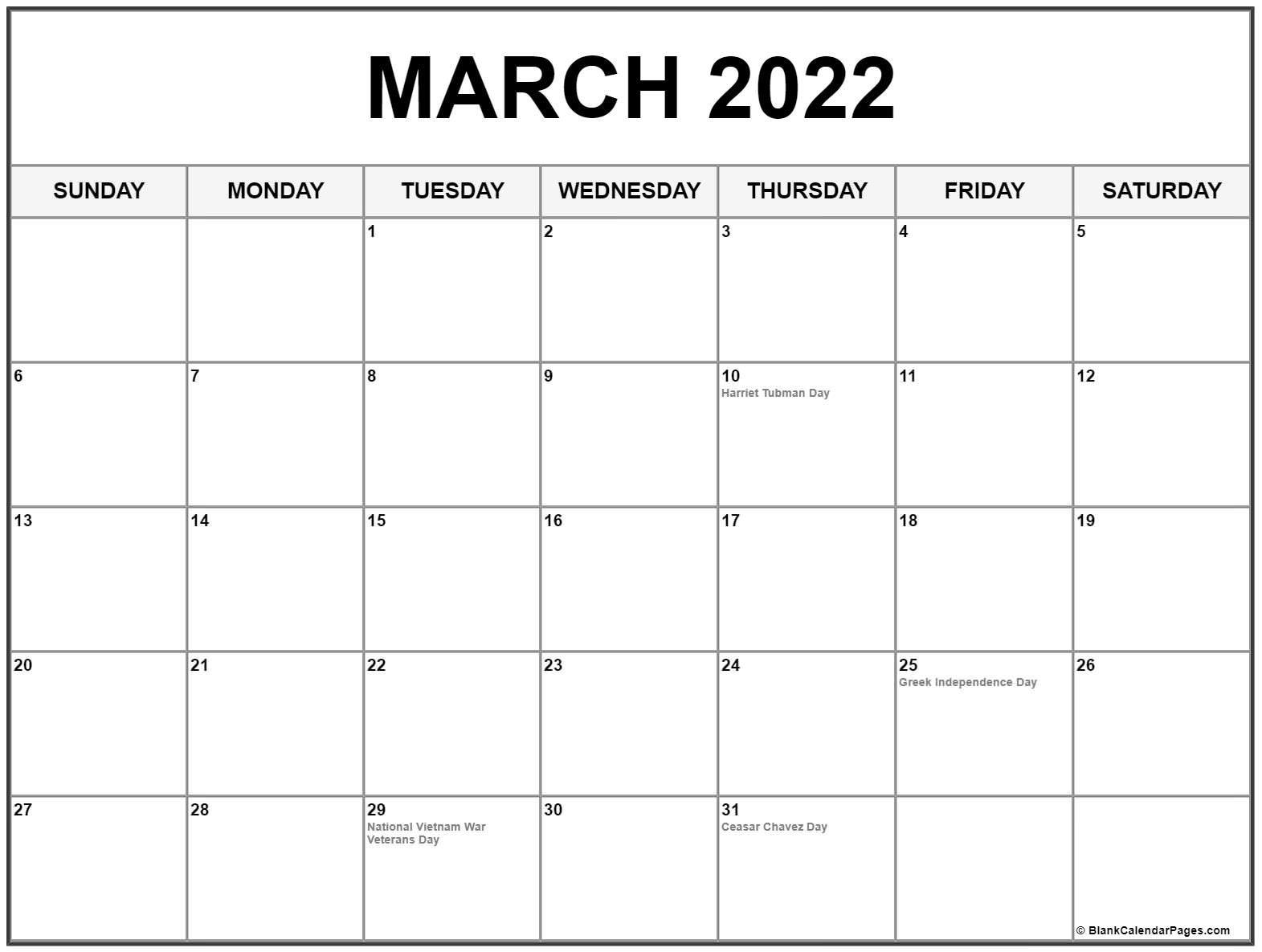 March 2022 Calendar With Holidays