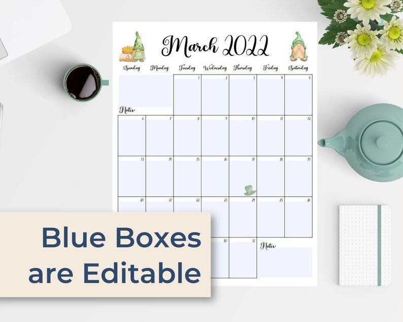 March 2022 Editable And Printable Calendar With Green