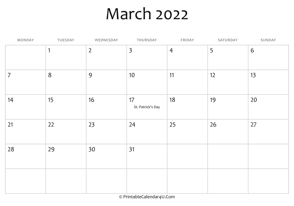 March 2022 Editable Calendar With Holidays