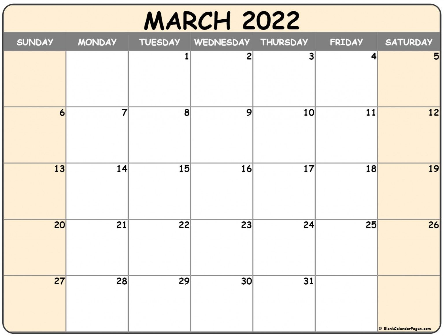March 2022 Landscape Printable Calendar | Printable