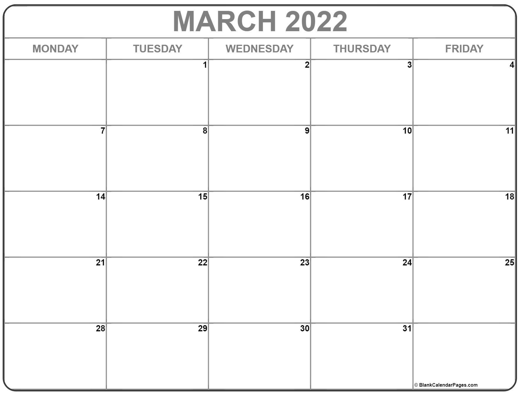 March 2022 Monday Calendar | Monday To Sunday