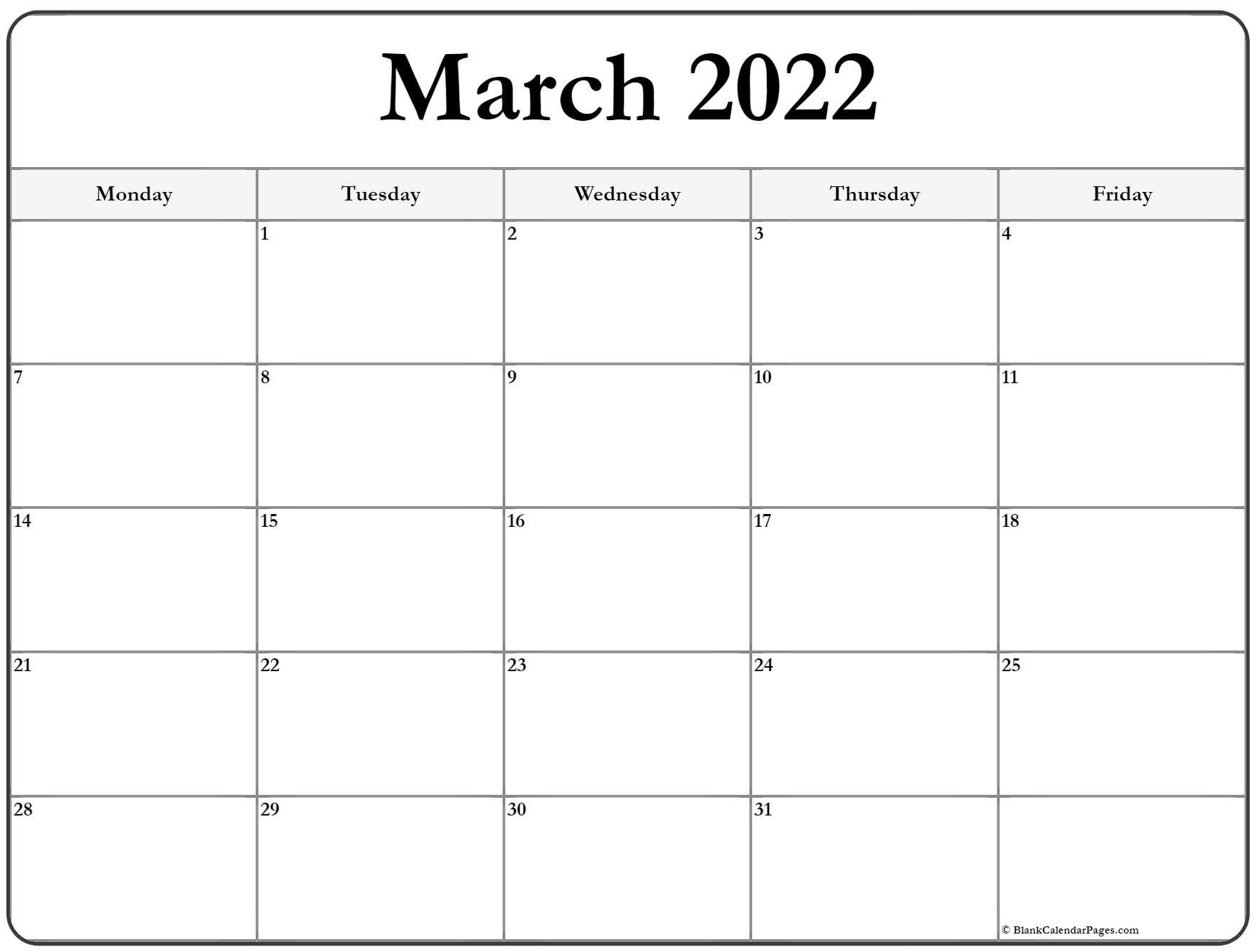 March 2022 Monday Calendar | Monday To Sunday