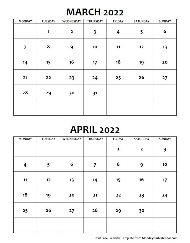 March April 2022 Calendar Monday Start Editable Two | 2022