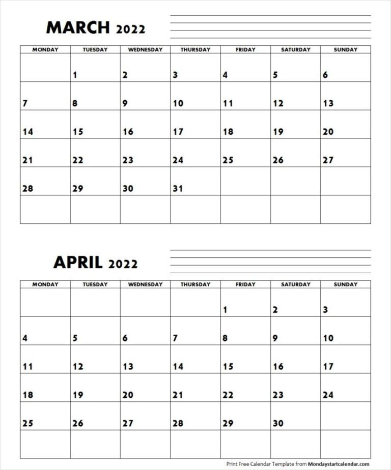 March April 2022 Calendar Monday Start Editable Two | 2022