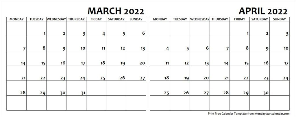 March April 2022 Calendar Monday Start | Editable Two
