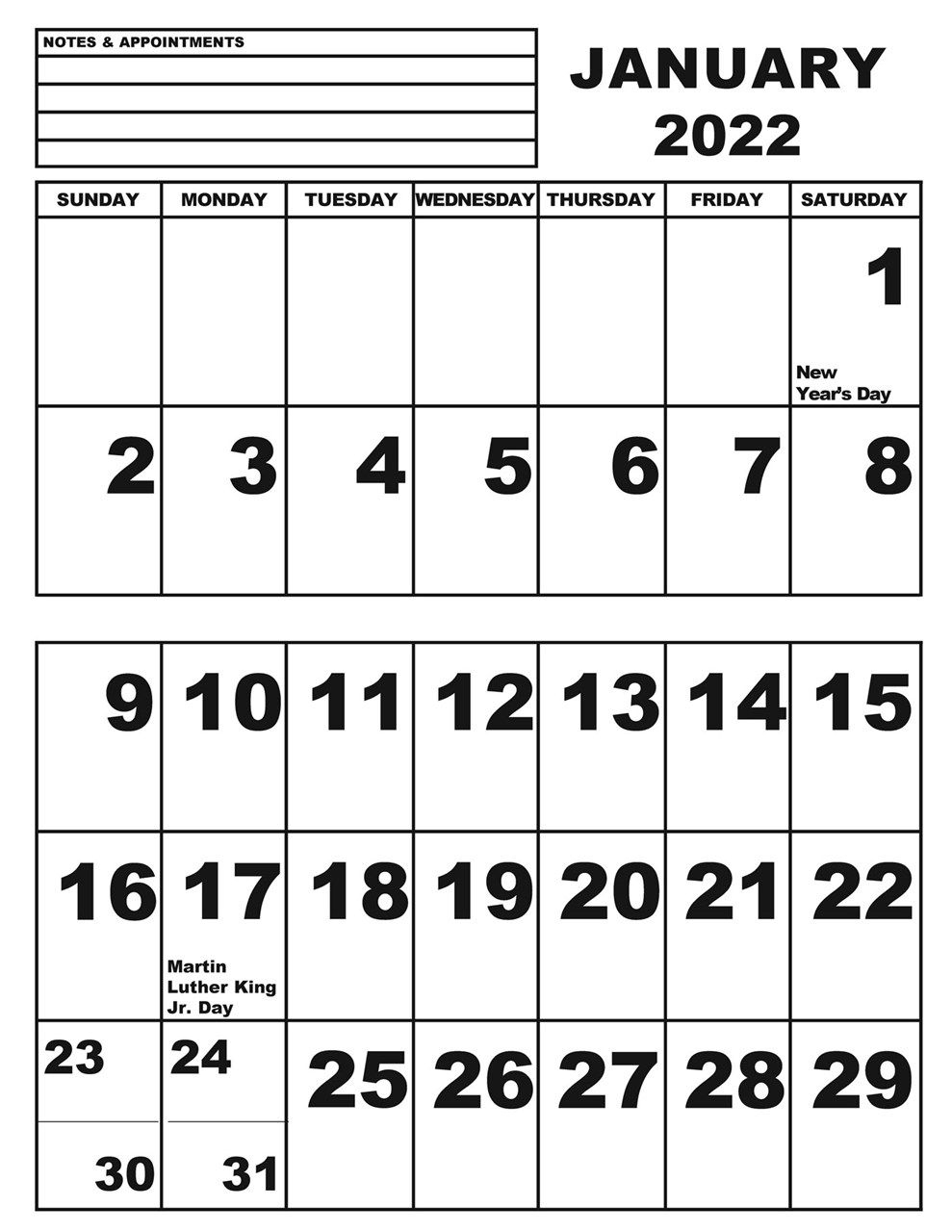 Perfect Free Printable Calendar With Large Boxes 2022