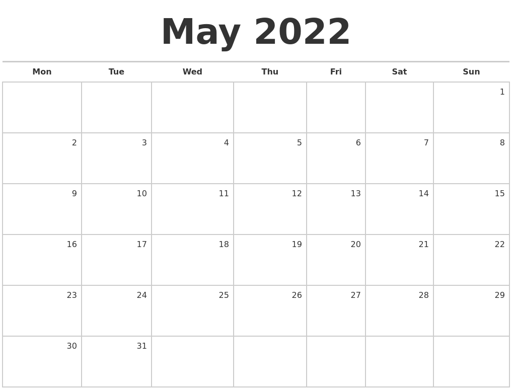 May 2022 Blank Monthly Calendar