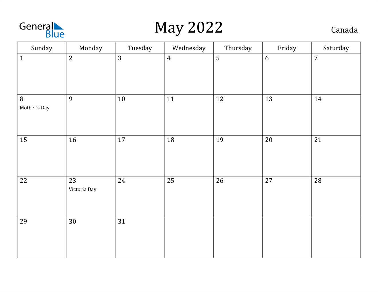May 2022 Calendar - Canada