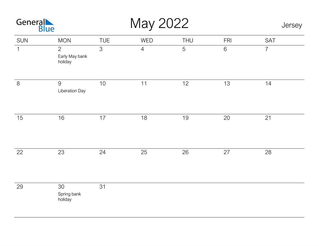 May 2022 Calendar - Jersey