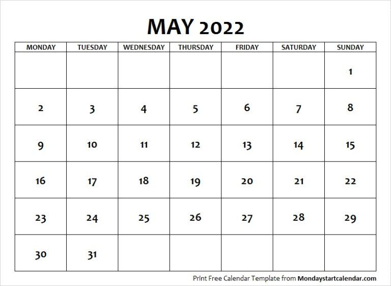 May 2022 Calendar Monday Start | May Month Template