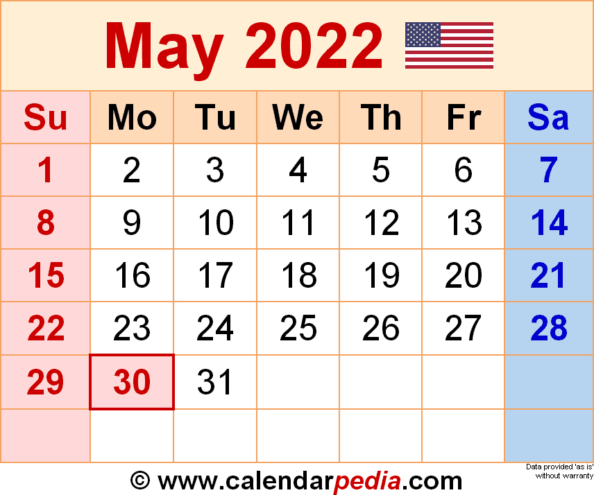 May 2022 Calendar | Templates For Word, Excel And Pdf