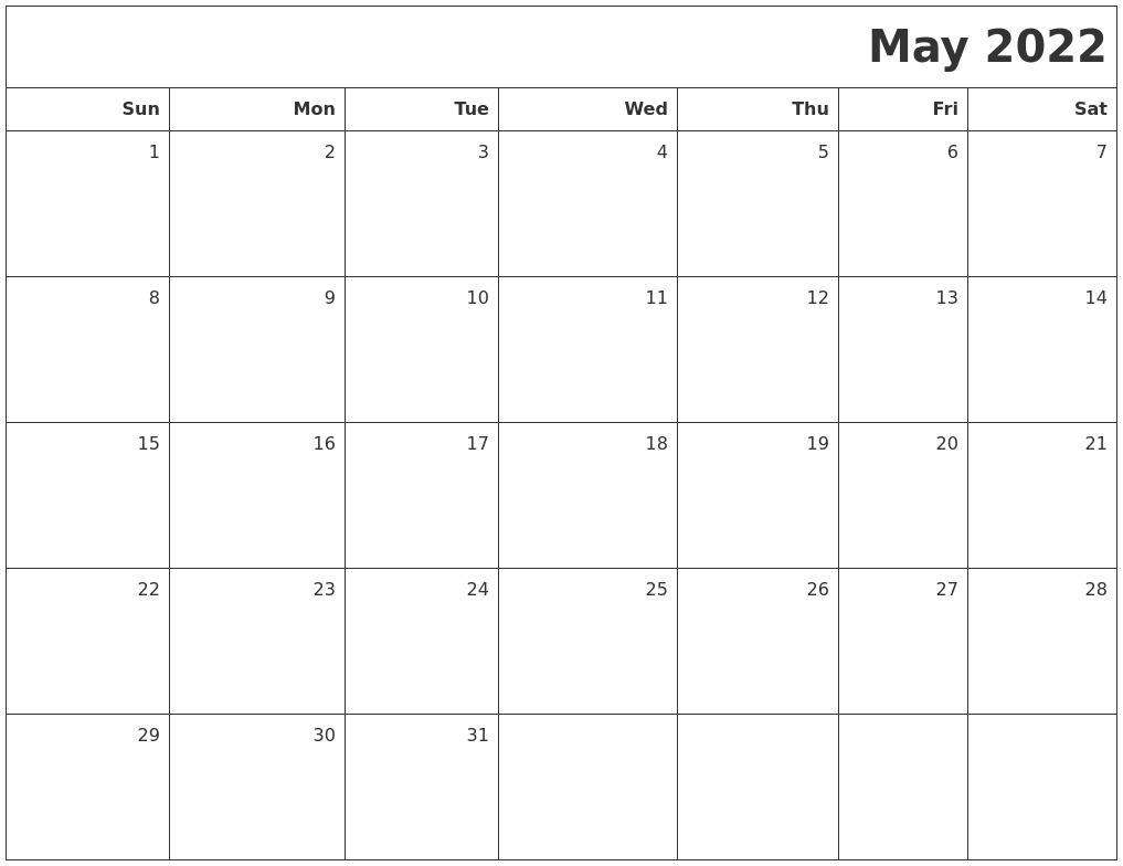 May 2022 Printable Blank Calendar