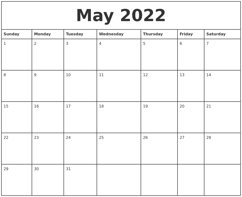 May 2022 Printable Monthly Calendar