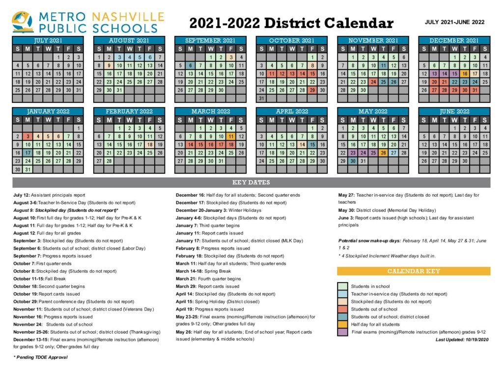 Metro Nashville Public Schools Calendar 2021-2022