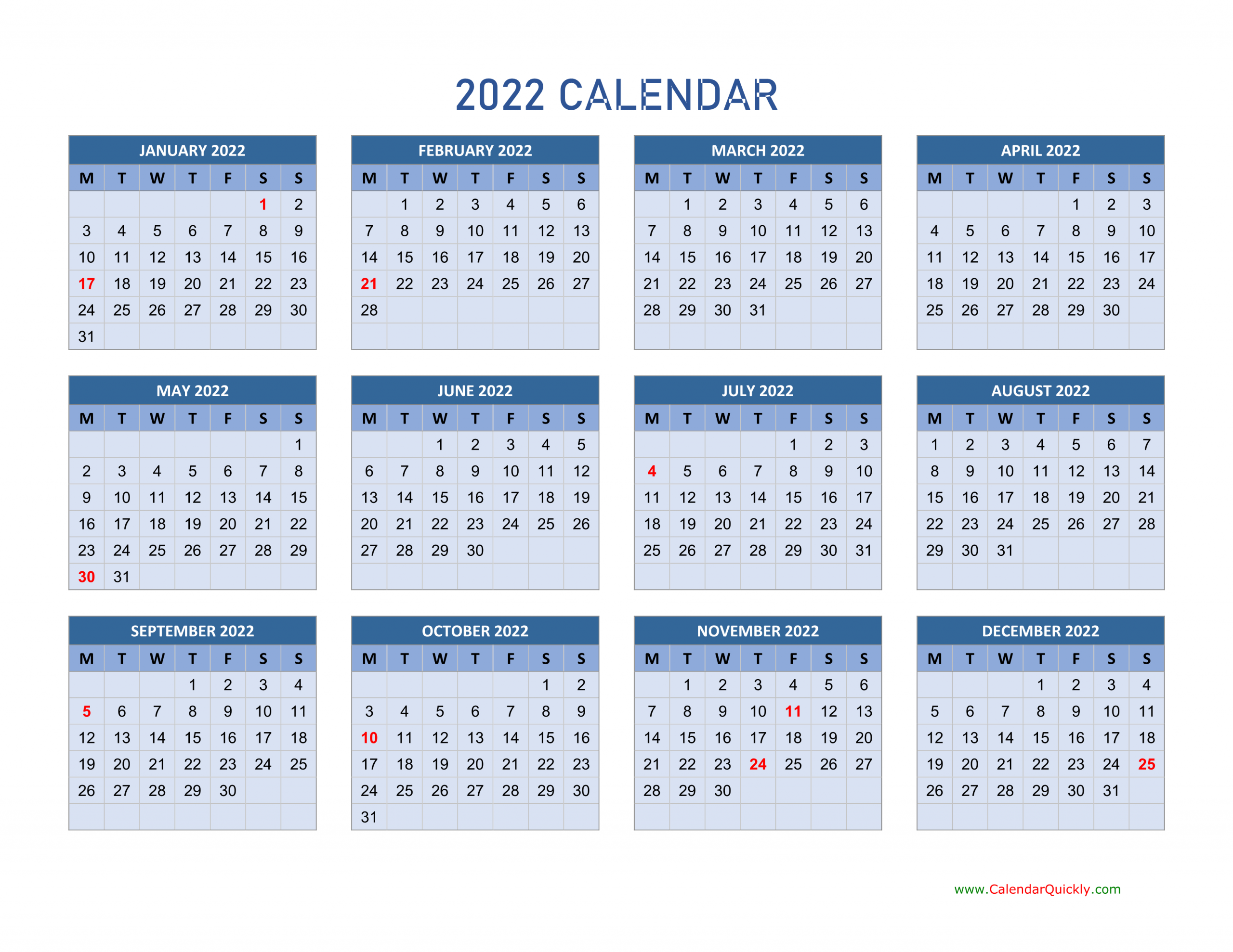 Monday 2022 Calendar Horizontal | Calendar Quickly