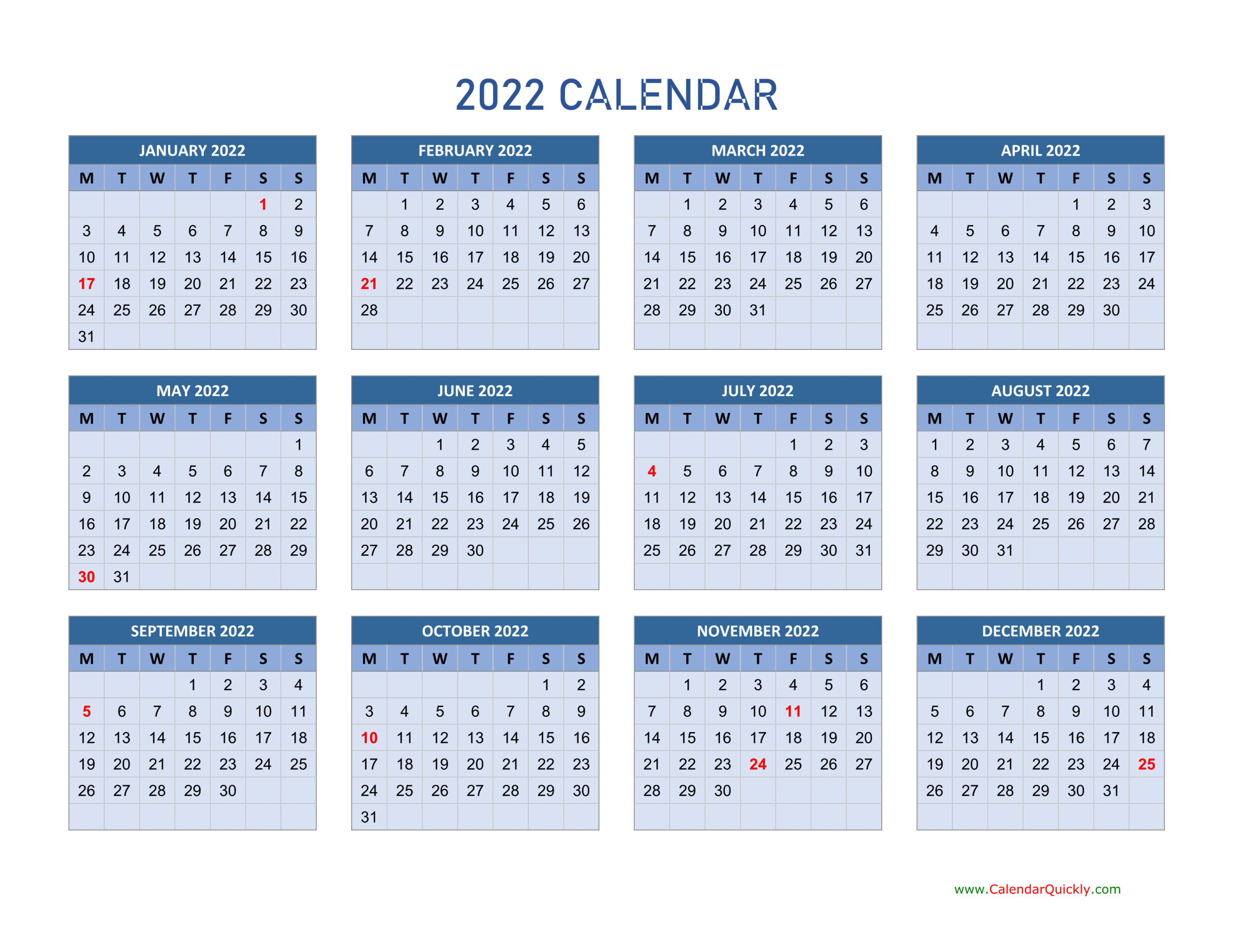 Universal Landscape Printable Calendar 2022