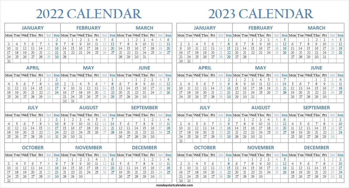 Monday Start 2022 And 2023 Calendar | Jan 2022 To Dec 2023