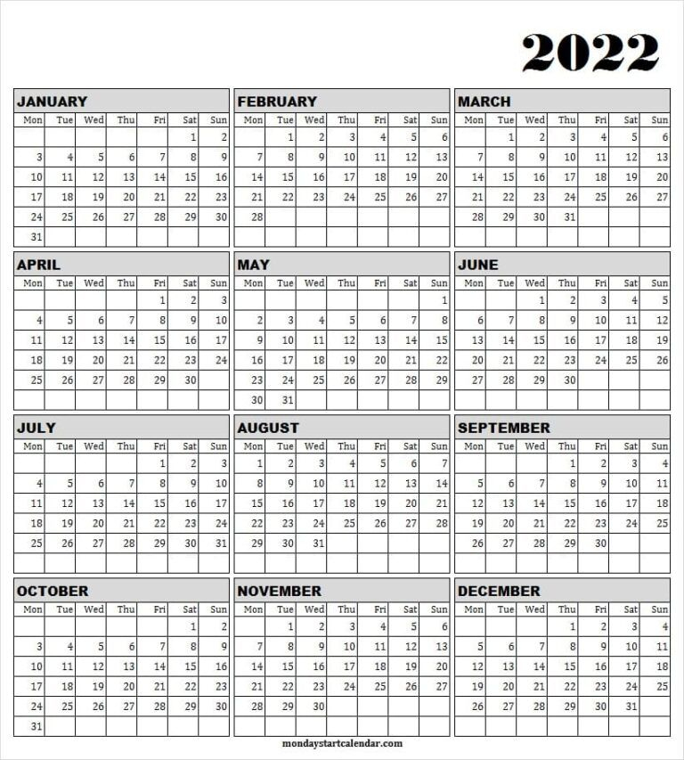 Monday Start 2022 Calendar Template Excel | Jan To Dec