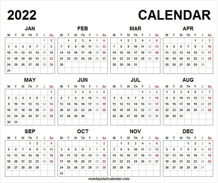 Monday Start 2022 Calendar Template | Monthly Calendar