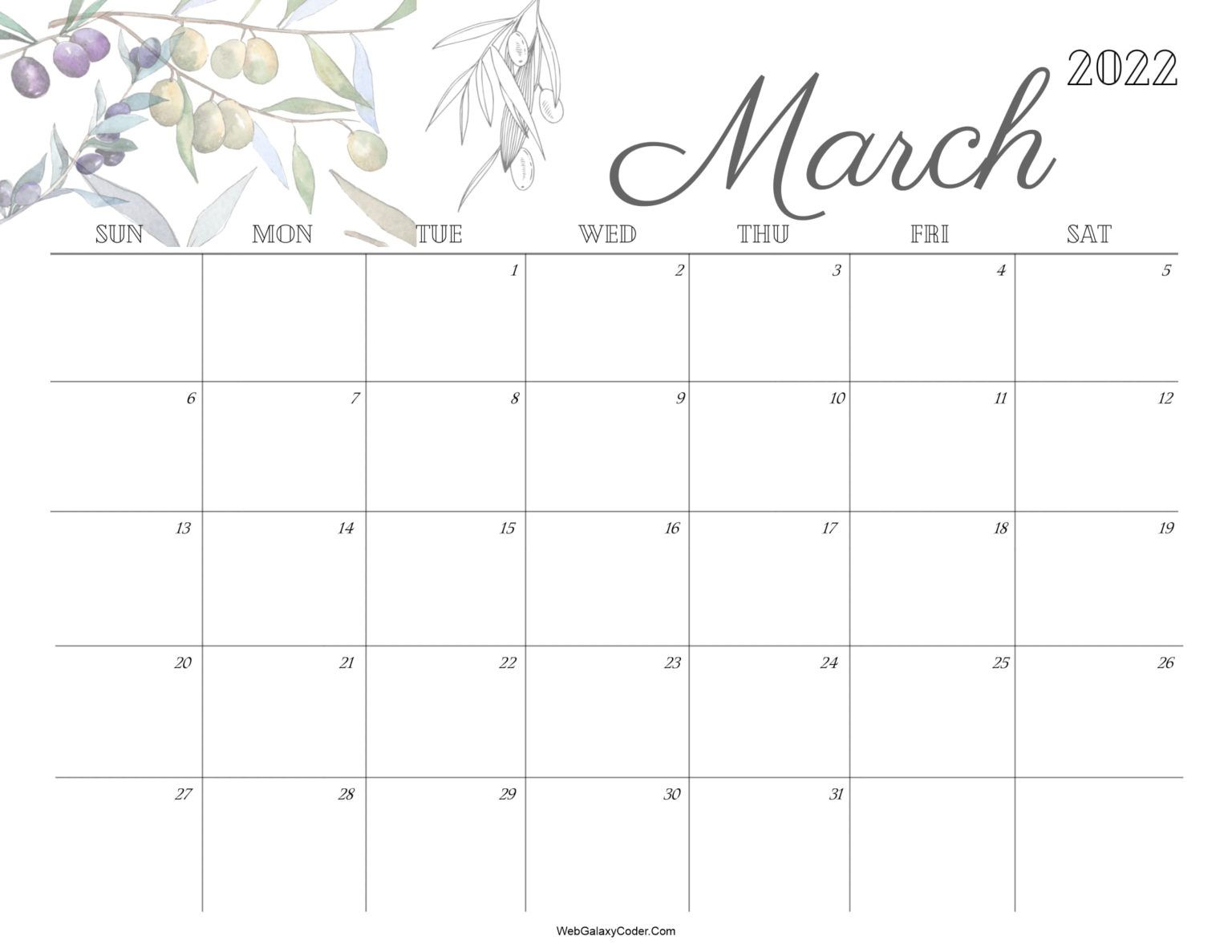 Month Of March 2022 Calendar