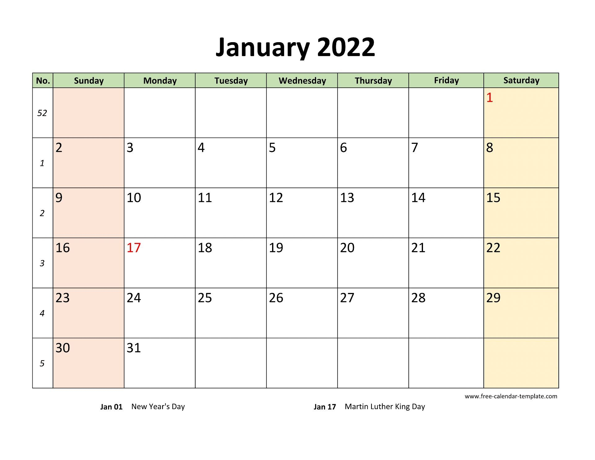 Monthly 2022 Calendar Printable With Coloring On Weekend