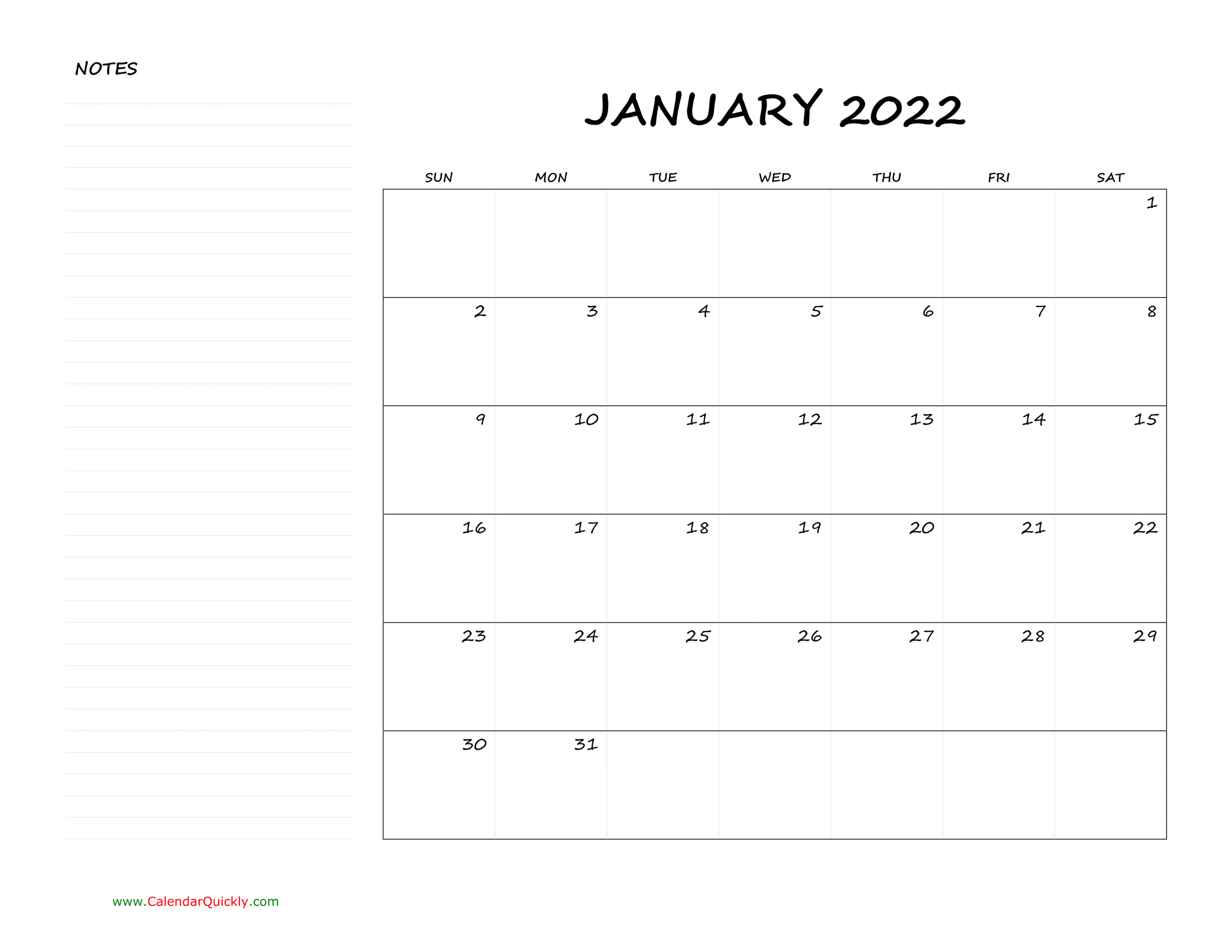 Monthly Blank Calendar 2022 With Notes | Calendar Quickly