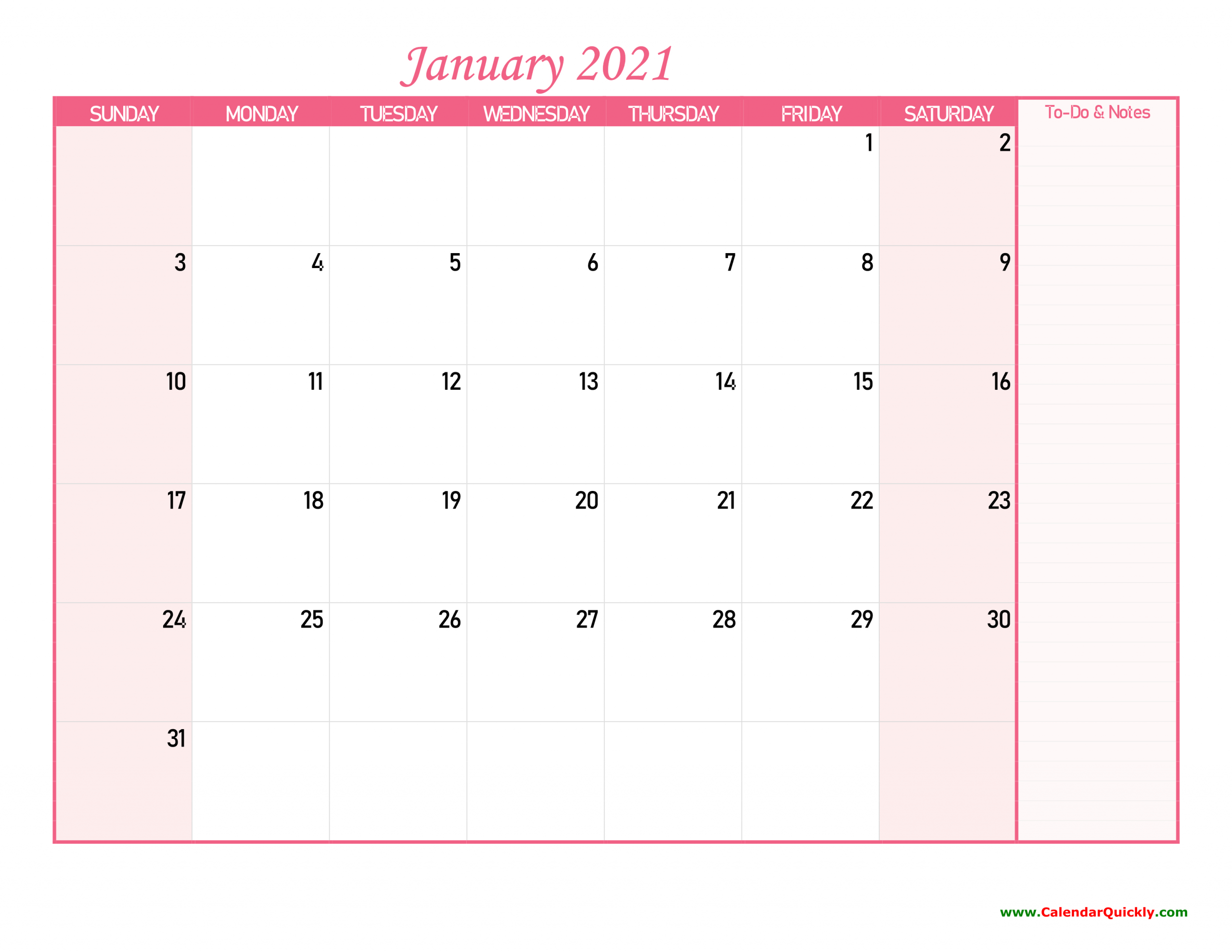 Monthly Calendar 2021 With Notes | Calendar Quickly