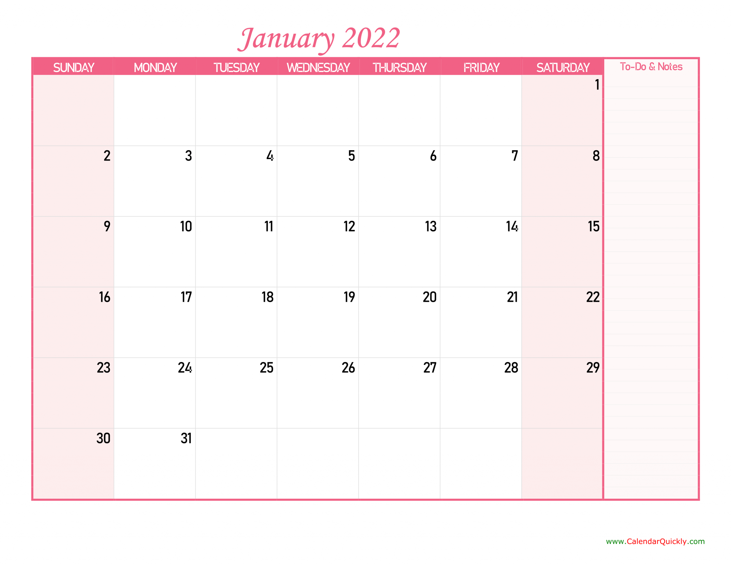 Monthly Calendar 2022 With Notes | Calendar Quickly