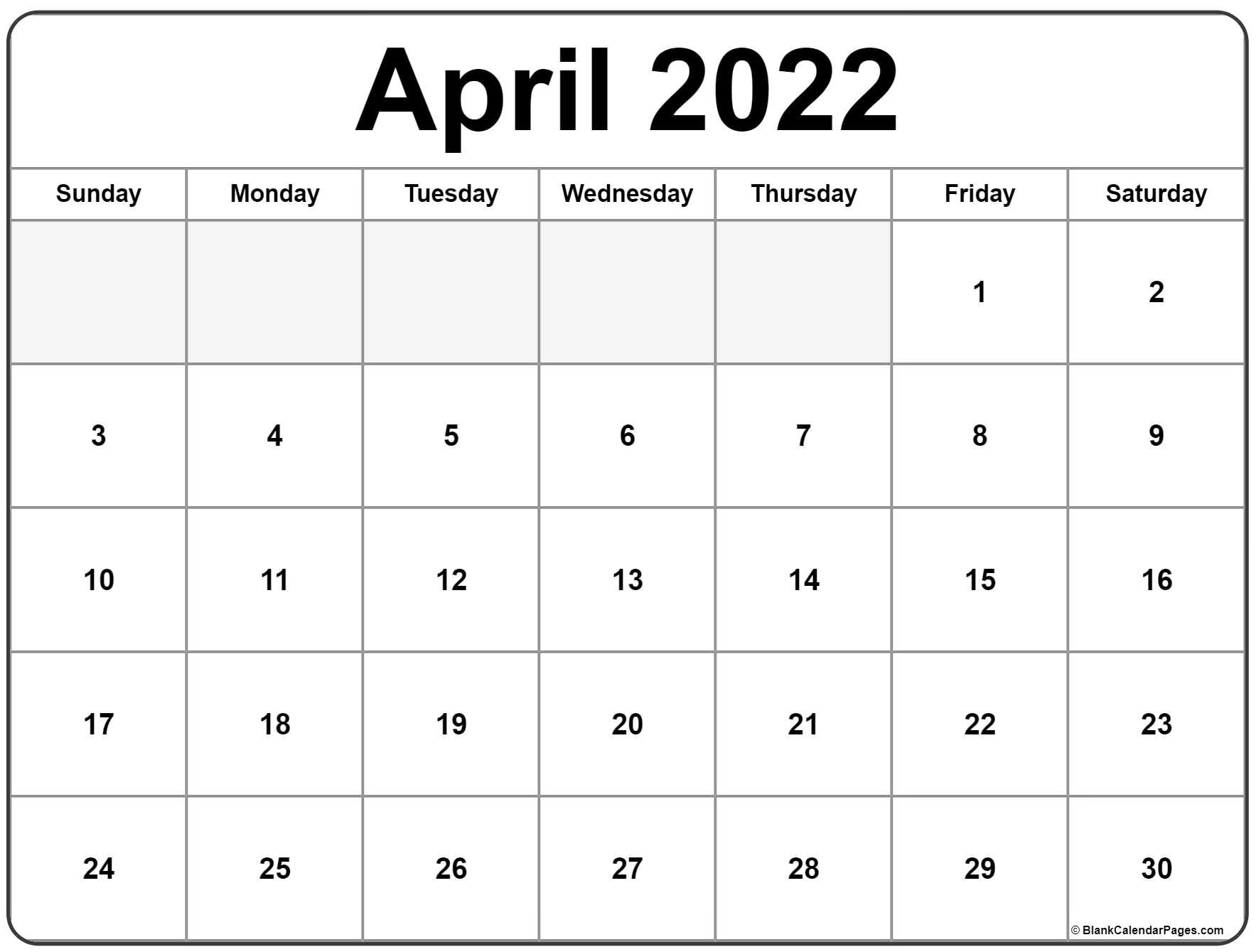 Monthly Calendar April 2022