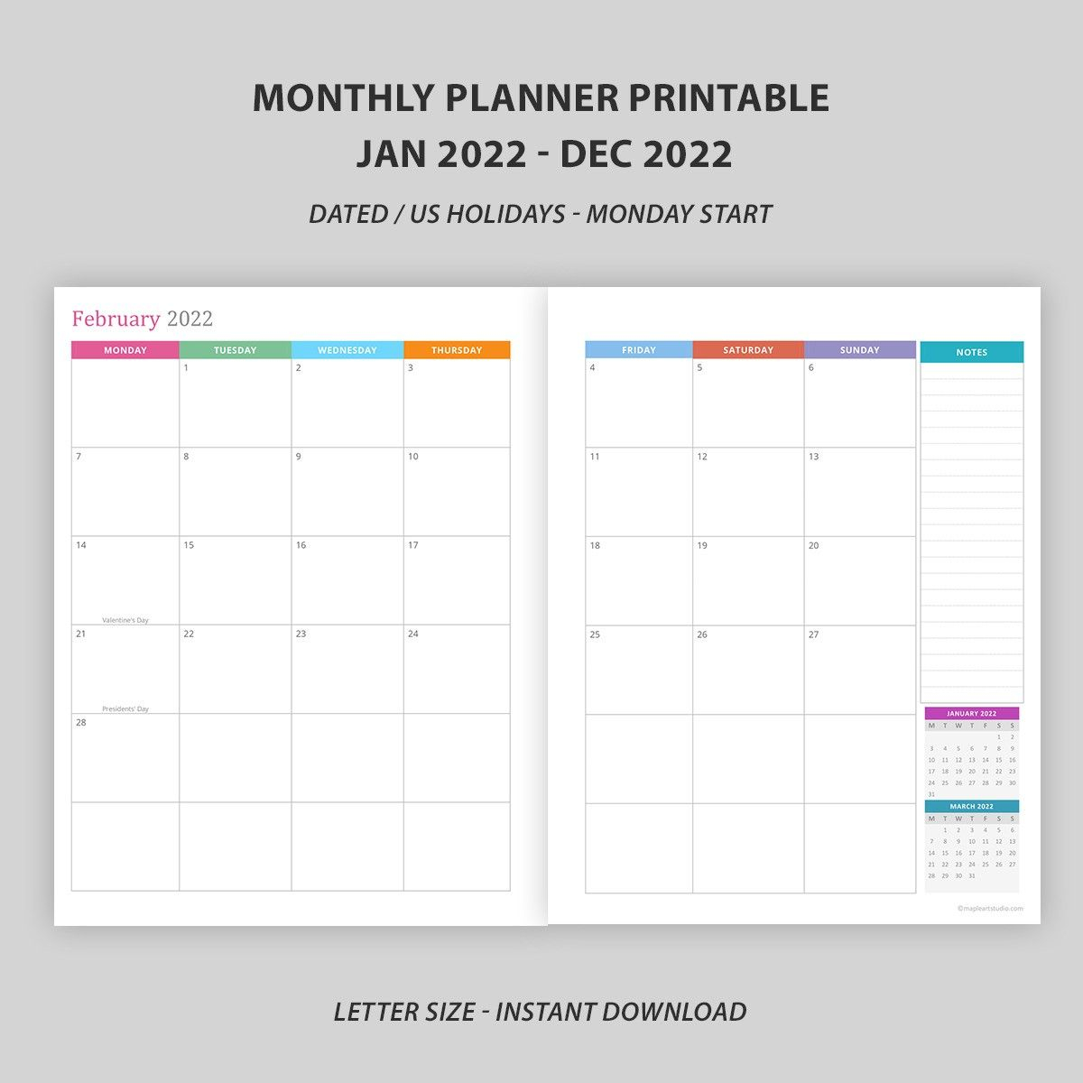 Monthly Planner 2022 Printable | Monthly Calendar 2022