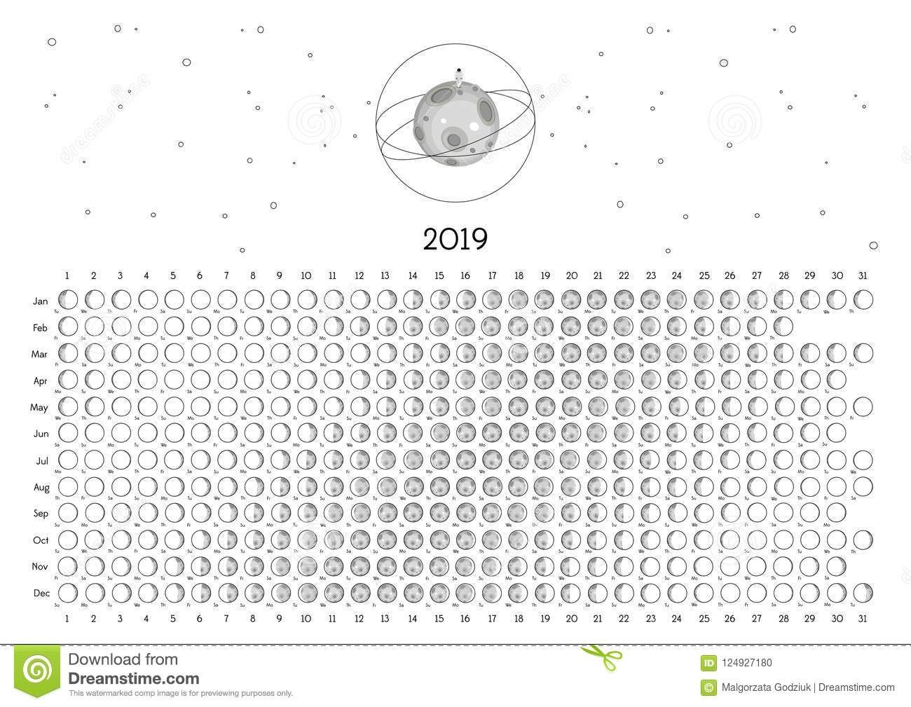 Moon Calendar 2019 Northern Hemisphere Stock Illustration