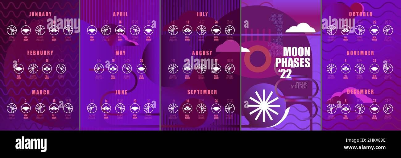 Moon Phases Calendar 2022. Waning Gibbous, Waxing Crescent