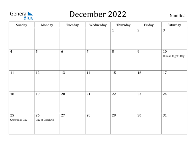 Namibia December 2022 Calendar With Holidays