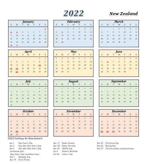 New Zealand 2022 Calendar With Holidays